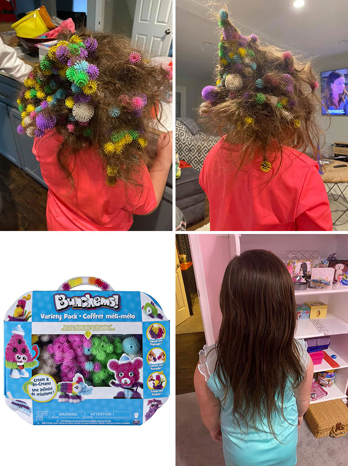 It Took Her Mom 20 Hours To Get That Out After Her Brother Poured A Container Of “Bunchems” In Her Hair