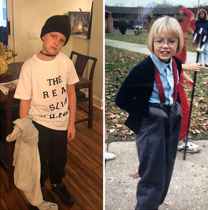 A la izquierda está mi hijo Callum a los 8 años en Halloween. Él está vestido como Eminem. A la derecha estoy yo a los 8 años. Me vestí de Steve Urkel. Me quedo con mi elección
