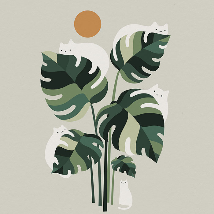 My 14 Minimal Illustrations With Cats And Monstera Plants