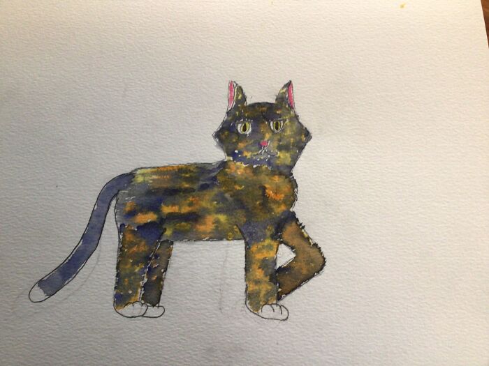 This Is My Watercolor Cat. It’s Supposed To Look Like A Tortoiseshell Cat. Plz Note I’m Only 11 So It’s Very Bad. I Hope I’ll Get Better At Water Coloring In The Future!