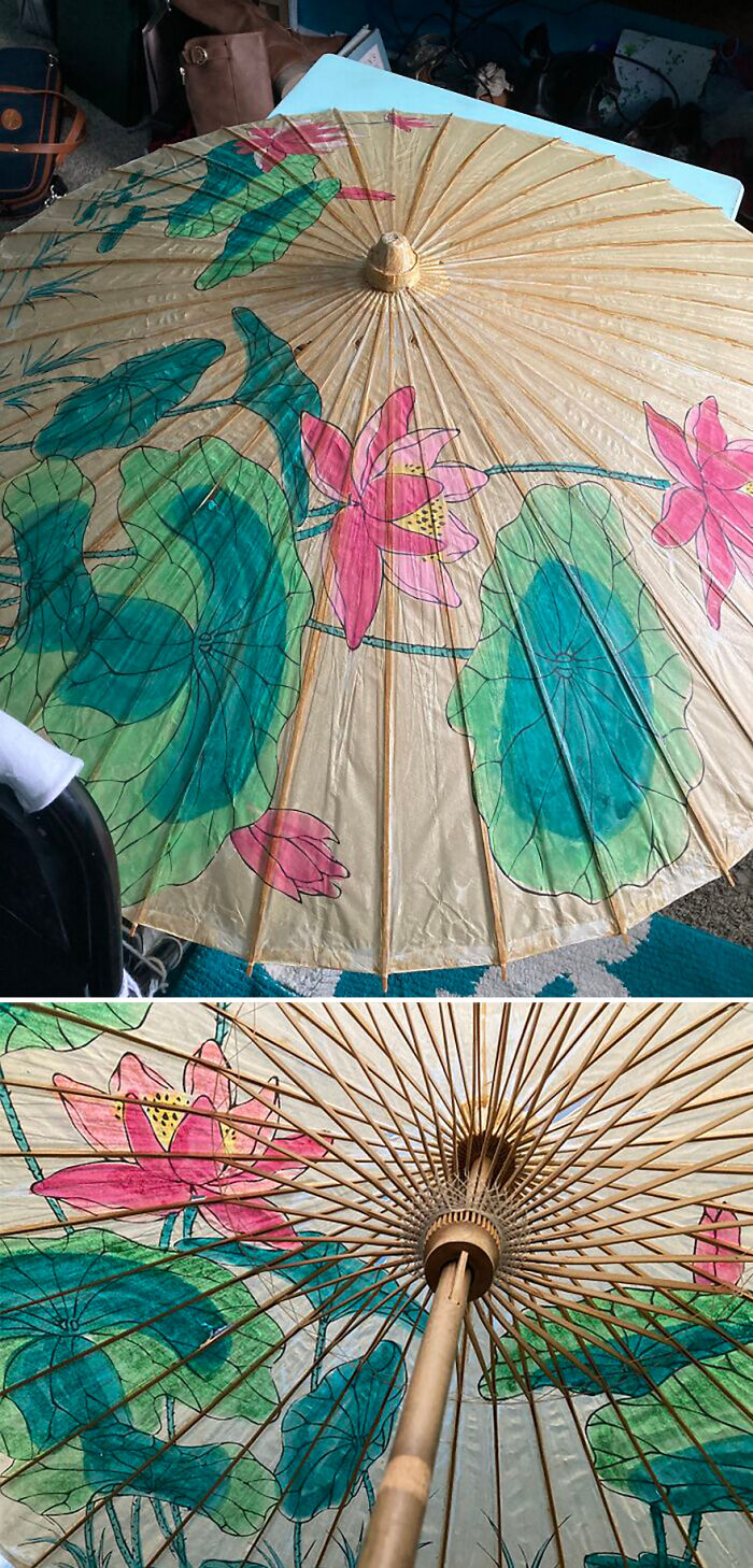 Very Huge Sun Parasol. Has Some Small Tears, But The Weaving And The Handle And The Painting Is Good