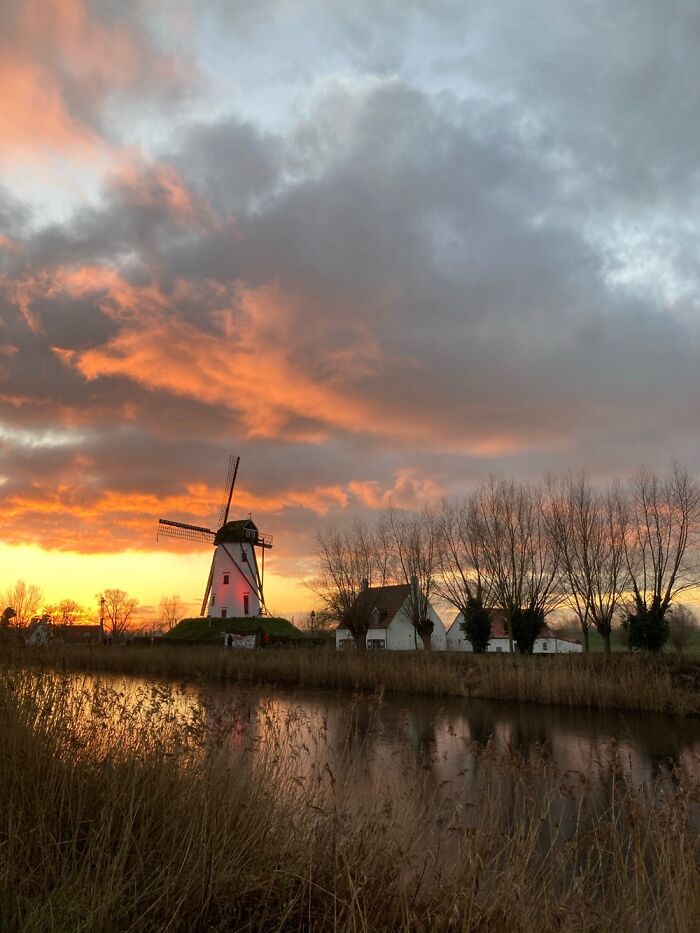 Sunset At Damme, With The Windmill Winter Lights Giving A Special Dimension.