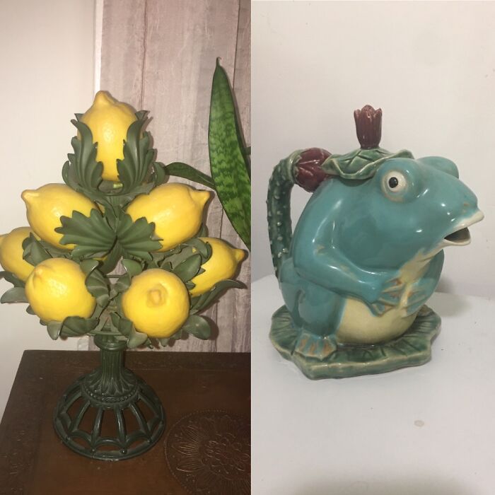 It’s A Tie Btw My Metal Lemon Holder And My Puking Frog Teapot. Both From My Fave Antique Shop.