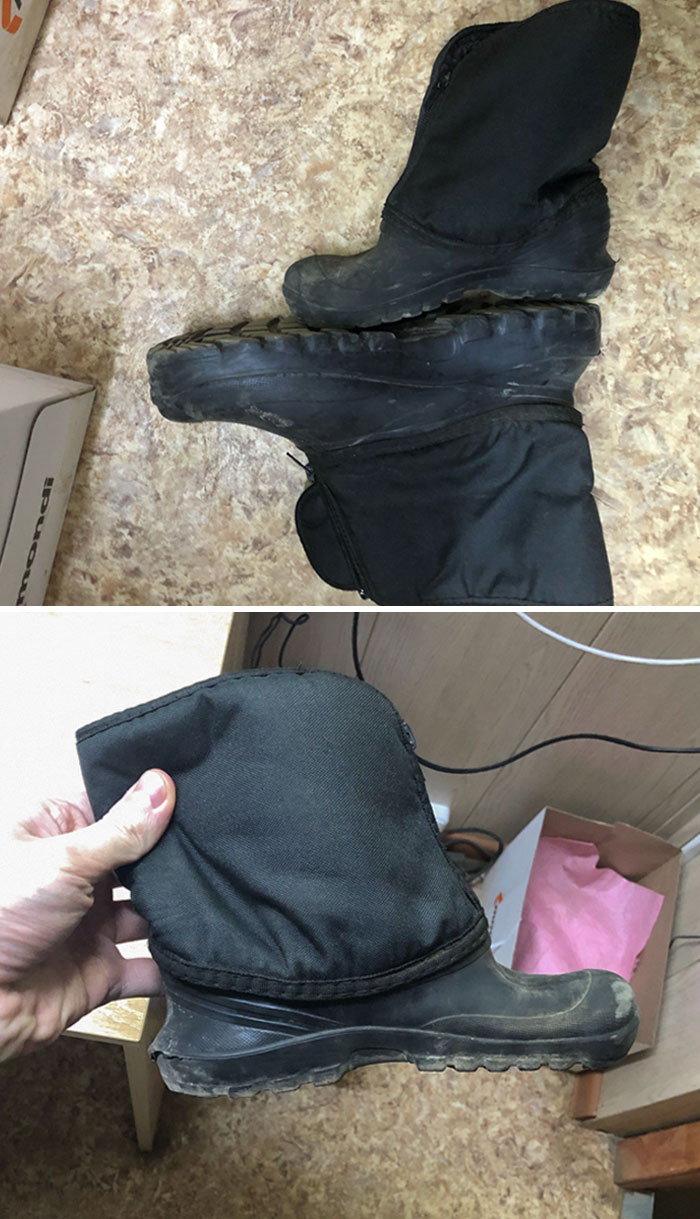Before And After Drying Wet Boots On A Radiator. From Size 42 To This