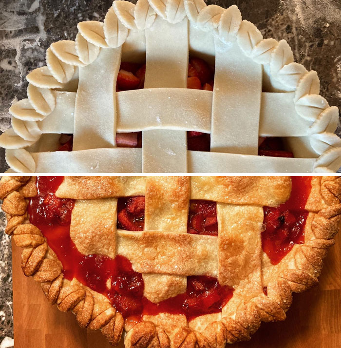Strawberry Rhubarb Pie, Before And After Baking