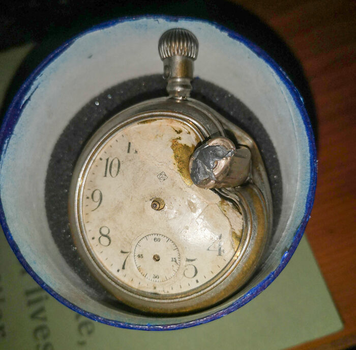 My Great Grandfather's British Army Issue Pocket Watch Along With The German Bullet That It Stopped In France 1914