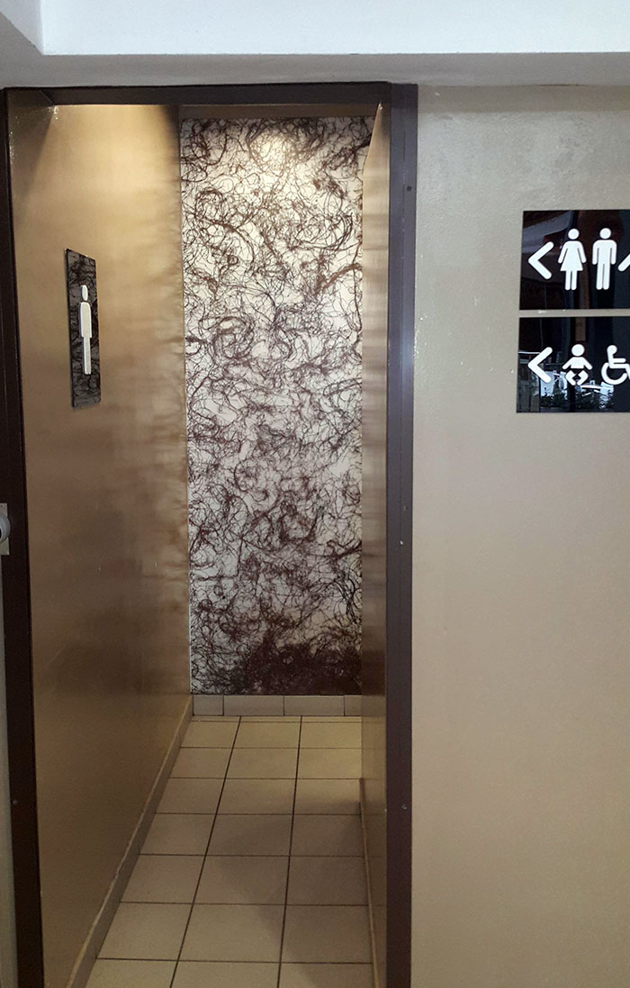 I Don't Know Why Brown Strings Is A Welcoming Wallpaper To This Toilet Entrance. It Just Feels Gross And Unwelcoming. I Mean, This Is A Public Place