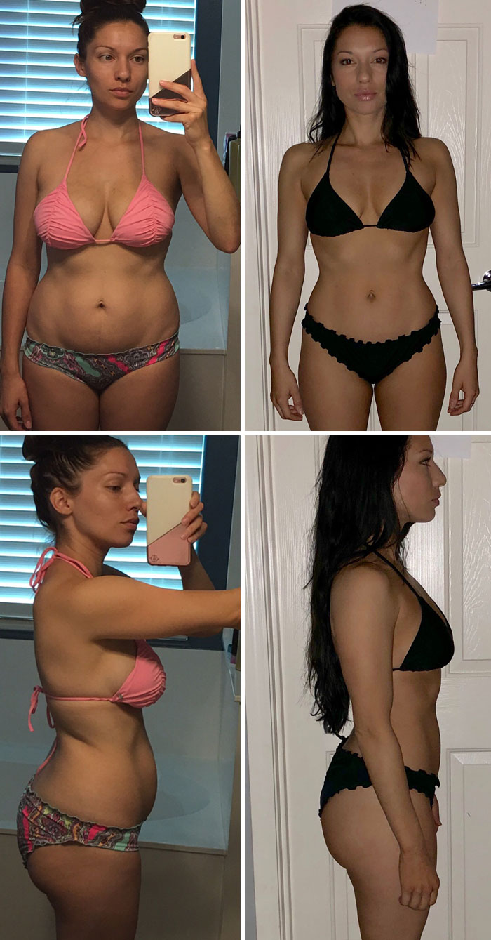 En todas estas fotos tengo el mismo peso (52,6 kilos). La única diferencia en las fotos de la derecha es que estaba comiendo limpio y levantando pesas.