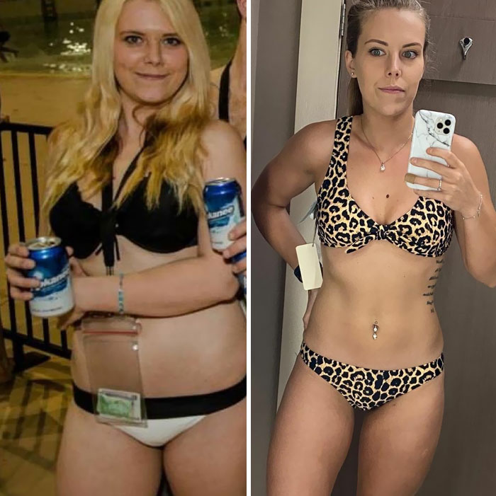 De 63,5 kilos a 63,5 kilos. A la izquierda estaba comiendo en exceso, bebiendo demasiado y tenía la peor mentalidad cuando se trataba de la comida y mi cuerpo