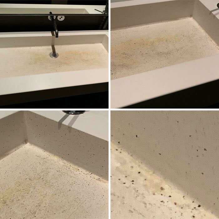 This Is A Sink At A High-Quality, Fancy French Restaurant In San Fransisco. No, That Is Not Dirt, But The *intentional* Material Of The Inside Of The Sink. Also, Those Are Not Stains (Unless The Material Soaks Up Stains, Either Way, Bad Sink Design)