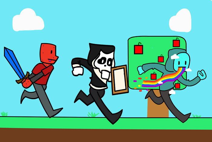 Me And My Friends Minecraft Characters Chasing Each Other (Digital Art)
