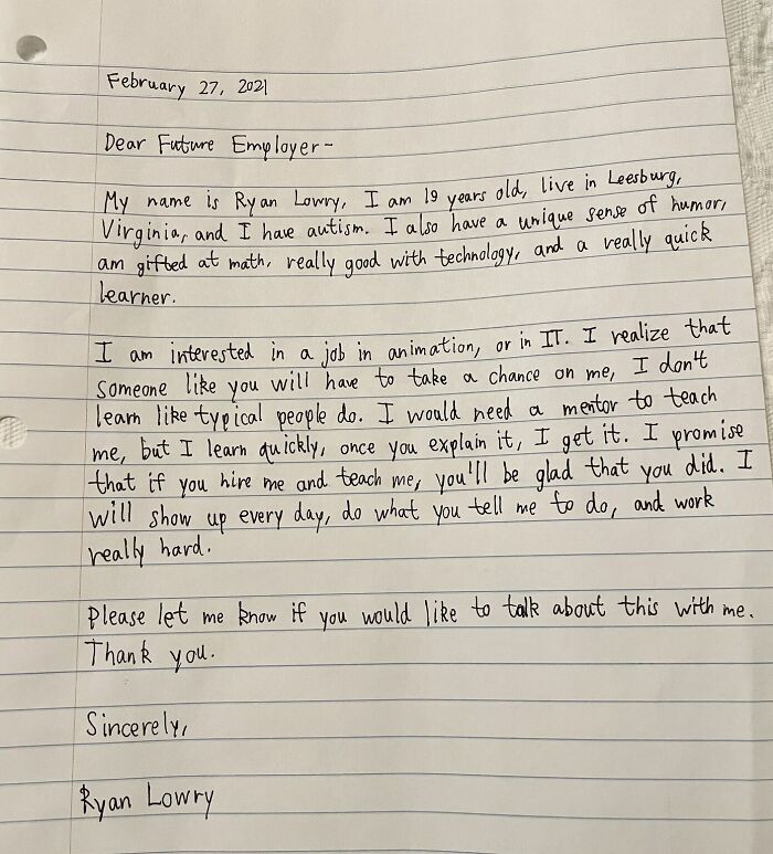 20 Y.O. With Autism Receives Thousands Of Comments And Job Offers After Posting A Wholesome Handwritten Cover Letter On LinkedIn