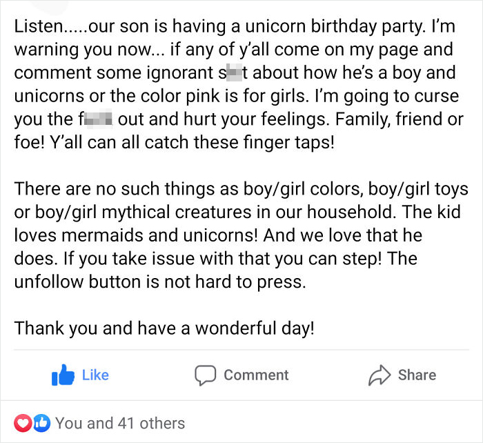 Someone I Went To School With Posted This About Giving Their Son A Unicorn-Themed Birthday Bash. Positive Parenting For The Win