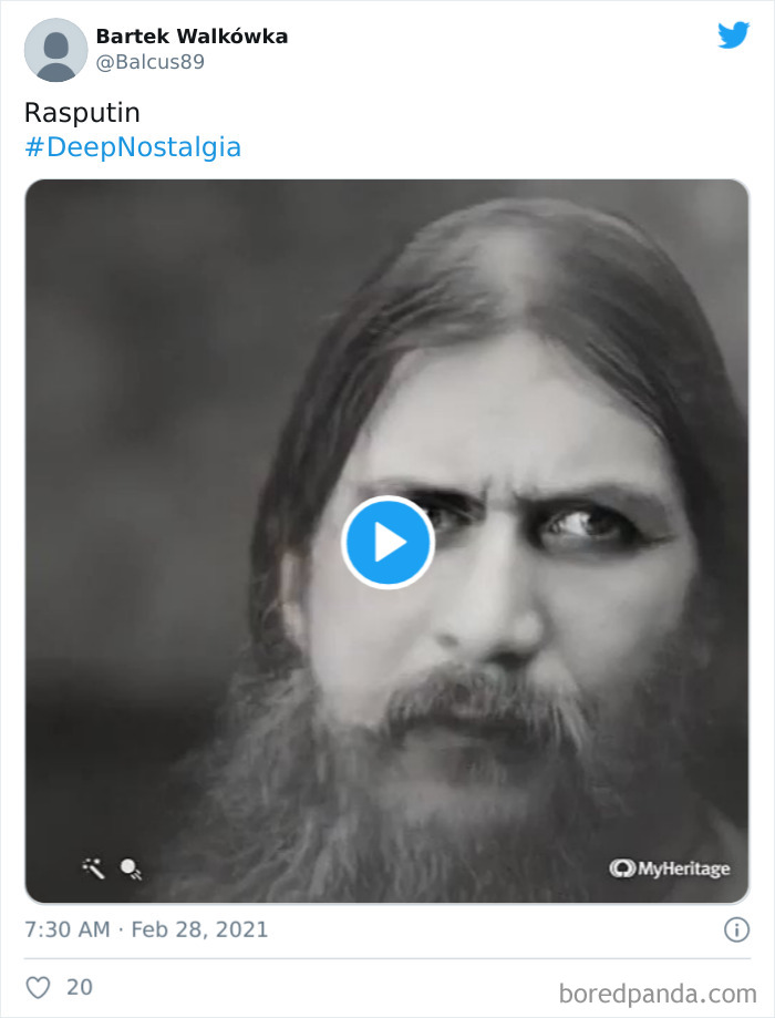 Black and white portrait of Rasputin animated using new deepfake AI tool bringing photos to life with realistic movement.