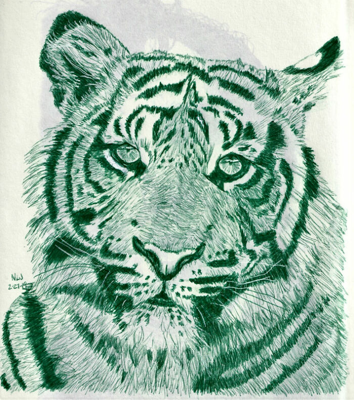 Tiger In Green Ballpoint Pen
