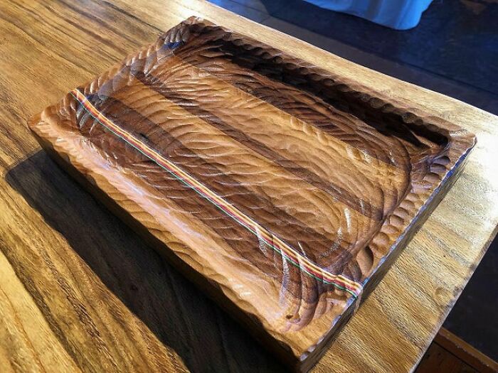 Chip Carved Black Walnut Bowl With A Strip Of Colorful Skateboard Deck