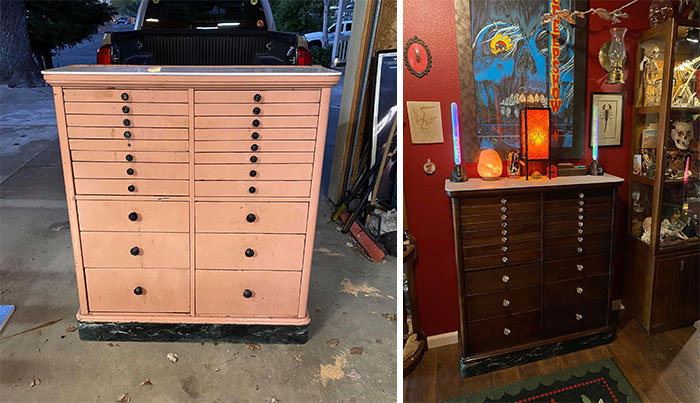 Last Summer I Found This Antique 1920’s Dental Cabinet In A Barn At An Estate Sale. Someone Had Painted It Pink And Sprayed The Knobs Black. After A Weekend Of Work, I Got It Back To Looking Good! Even Still Has The Original Marble Pedestal. Now I Use It As A Storage Place For My Rock And Minerals Specimens