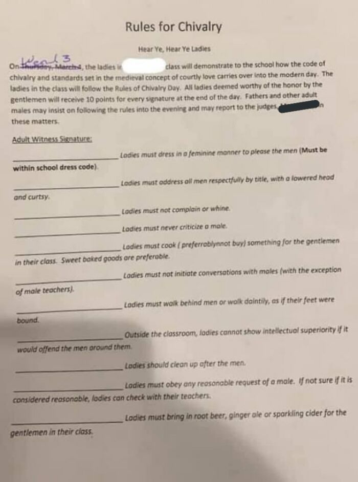 Teacher Gives 'Chivalry' History Lesson, Assigns Students To Follow Outdated Sexist 'Chivalric' Rules For A Day