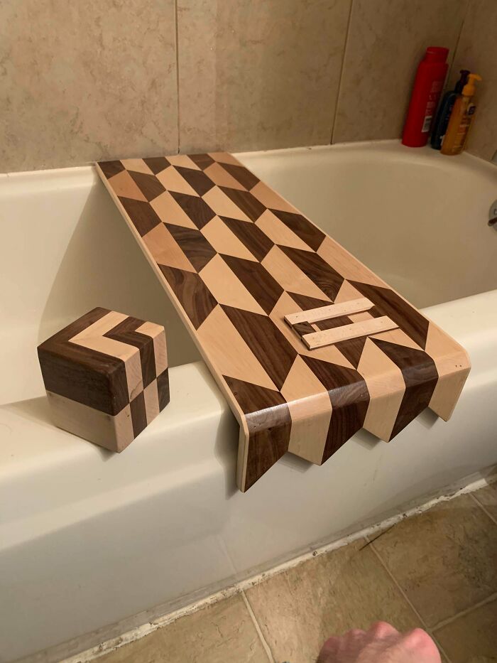 A Bath Table I Made For My Girlfriend. The Cube Is A Door Stop. Dont Mind The Poor Finish On That, It Was Intended To Be On The Floor