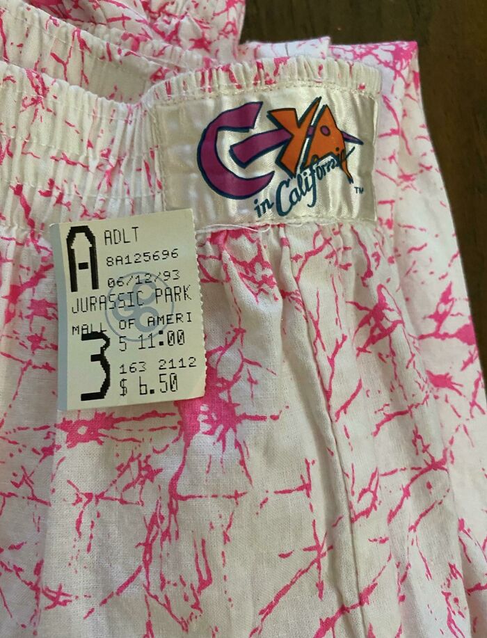 My Sister Thrifted This Pair Of Radical 90s Pants With An Intact Ticket Stub From The Opening Weekend Of Jurassic Park At The Mall Of America In 1993