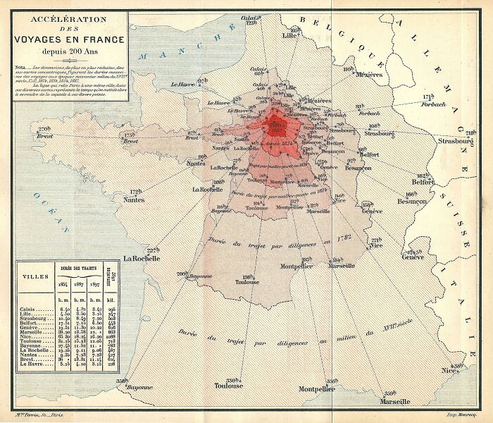 Isochronic Map Of Travel Times Between Paris And The Main Cities Of France In 1700s (Map Made In 1898)