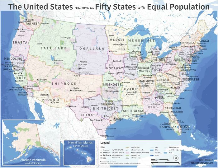 The United States Redrawn As Fifty States With Equal Population, 2010 Census