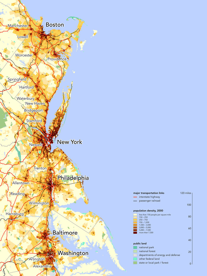 Population Density Of The Northeast Megalopolis, Home To 56 Million People