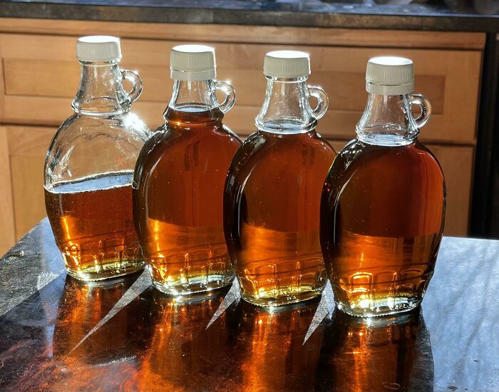 3.5 Bottles Of Maple Syrup I Just Finished Making.