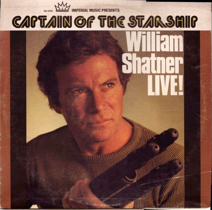 William Shatner Brandishes A Camera Tripod Like A Scifi Gun On His 1977 Album Cover