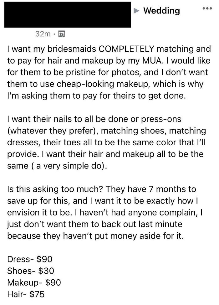 Entitled Bridezilla Demands Her Bridesmaids Pay Everything To Look “Pristine” For Photos.