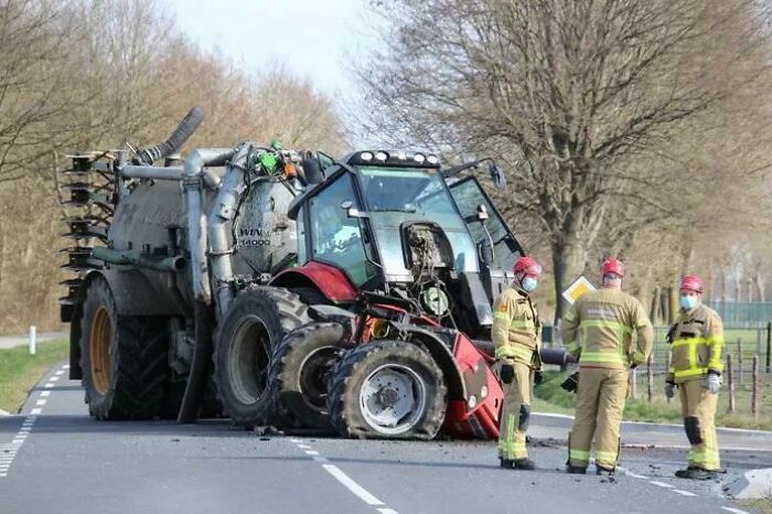Tractor Broke In Two, After Crash With Car