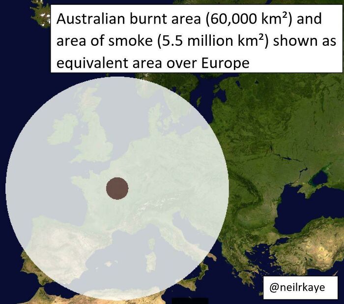 Area Of Land Burnt In Australia And Area Of Smoke Coverage Shown As Equivalent Area Over Europe