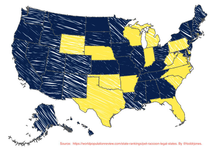 The Yellow States In The Map Below Are The States In Which It Is Legal To Own A Raccoon