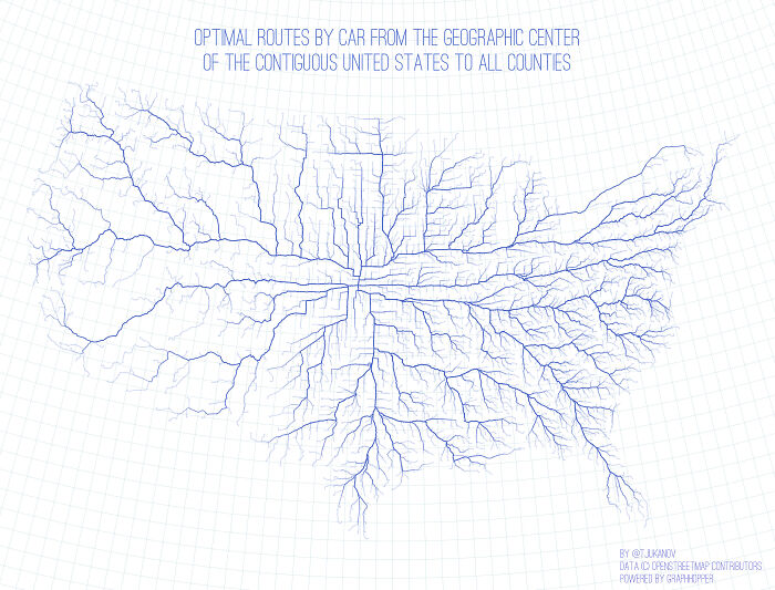 Optimal Routes From The Geographic Center Of The U.S. To All Counties