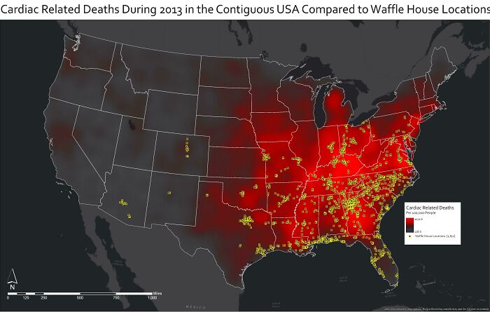 Cardiac Related Deaths During 2013 In The Contiguous USA Compared To Waffle House Locations