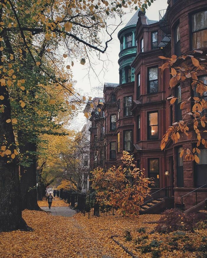 Row Of Victorian Townhouses Lining A Street In Back Bay, Boston, Massachusetts