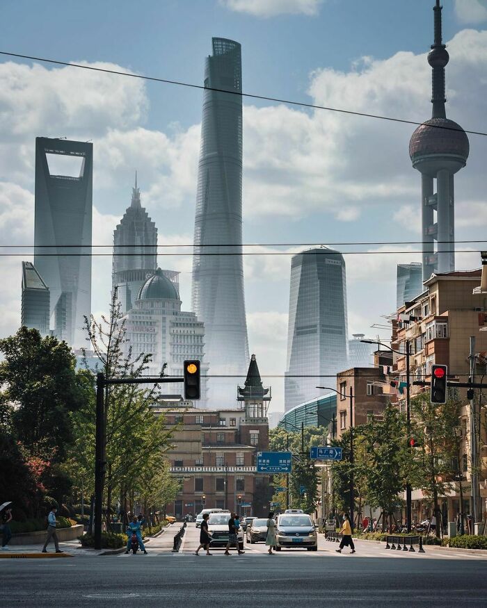The Giants Of Pudong District Seen From The Streets Of Shanghai, China