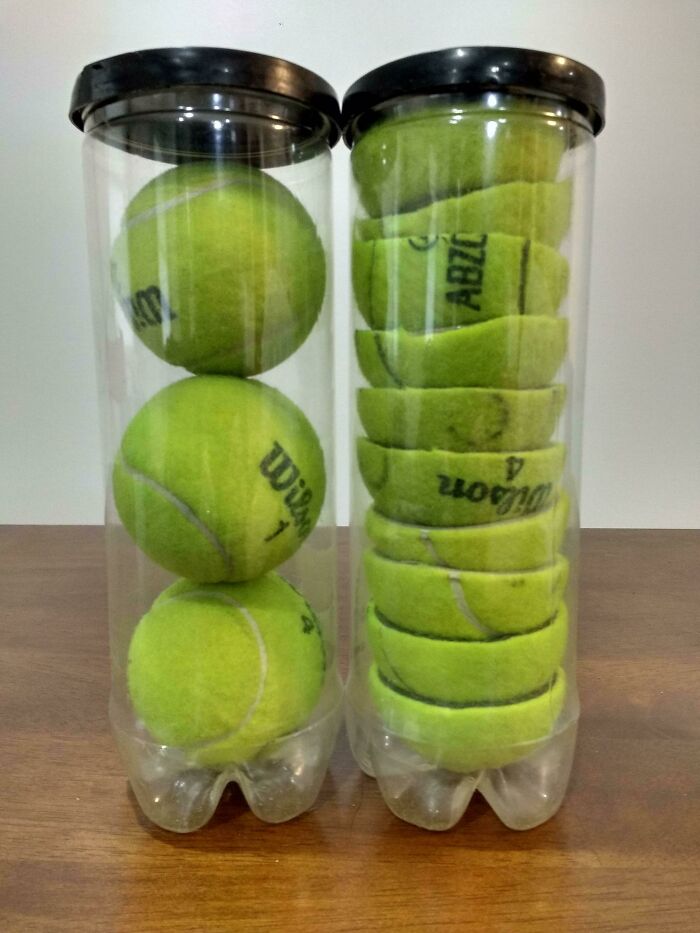 Si cortas las pelotas de tenis por la mitad, puedes guardar muchas más en cada frasco, y ahorras espacio