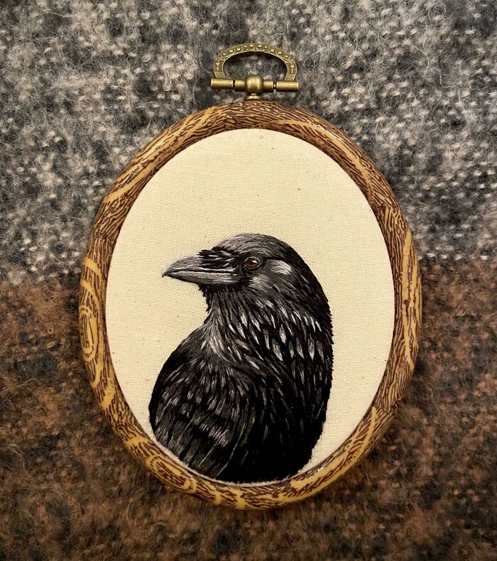 After 40 Hours And A Lot Of Black Embroidery Floss, I Finally Finished This Crow Embroidery!