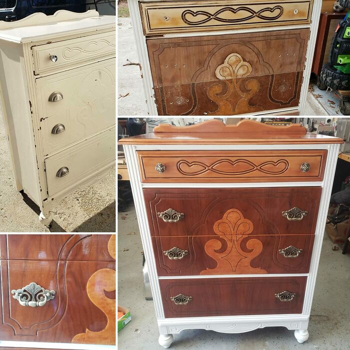 A Little Before, During, And After On This Antique Dresser I Picked Up For $40 Off Fbmp Last November. I Was Just Going To Re Paint It But I Got To Scraping That Paint And Revealed Some Real Beauty. I Am Unsure Of The Era On This Piece...