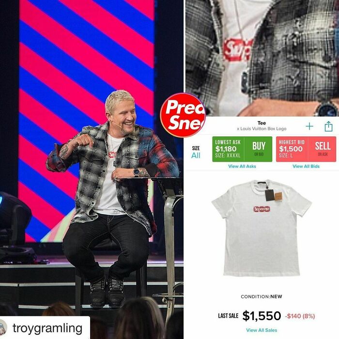 Al pastor Troy (Gramling) le gustan sus camisetas de la misma manera que le gusta su Digiorno: Supreme. $1,550