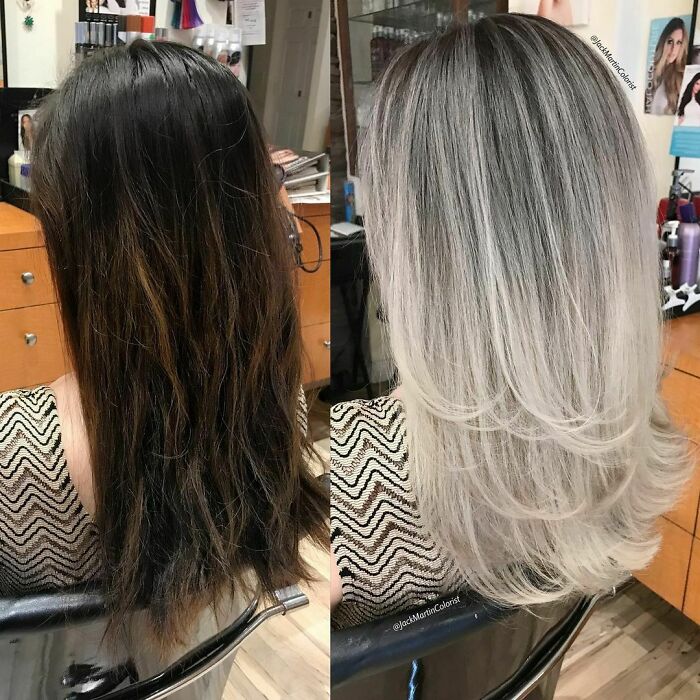 This Very Hard Transformation Took About 9-10 Hours, This Is Not A Silver Transformation Because My Client Didn’t Have Any Grey But She Wanted To Try To Be Platinum Blonde That She Was Trying To Get For Years But Never Been Able To Archive. I Started The Transformation By Using Pravana Color Extractor To Remove Some Layers Of The Old Dark Color, I Prep The Hair By Using K18 Mist For 4 Minutes Then I Lightened The Whole Head By Using Back Combing Technique In Foils By Taking Thinner Sections And Using @schwarzkopfusa Blondme Lightener ( That Has A Build In Bond Builder To Protect The Hair ) With 20 Vol For About 3-4 Hours By Reopening Foils And Reapplying A New Lightener To Still Warm Areas And Remove Lightener From Already Done Areas In The Hair. In The Meantime I Colored The Back Combed Hair At The Roots With Schwarzkopf Igora Royal 5.11 Mixed With 10 Vol For 30 Minutes, Then Rinsed The Color On The Roots First And Then Opened The Foils And Rinsed The Lightened Hair, Lightly Shampooed And Applied Schwarzkopf Blondme Ice Toner With 7 Vol Developer For 20 Minutes, Shampooed With Blondeme Tone Enhancing Bonding Shampoo ( Cool Blondes ). Cut Long Layers, Applied K18 Mask For 4 Minutes And Then Applied Schwarzkopf Osis+ Flatliner Heat Protection Spray Strong Control, Style With Big Round Brush.
#schwarzkopfusa #igora #blondme #osis @behindthechair_com #behindthechair #jackmartincolorist #platinumblonde #hairtransformation #k18hair @k18hair