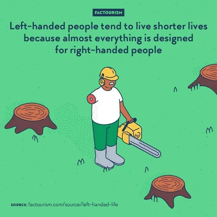 Left-Handed People Tend To Live Shorter Lives Because Almost Everything Is Designed For Right-Handed People⁠
⁠
⁠{weekend Repost}⁠
studies Have Shown That Life Is On Average Shorter For Left-Handers. One That Looked At 1,000 Californians Found Out That The Left-Handed Portion Died On Average 9 Years Younger. They Discovered That Left-Handers Are Also Five Times More Likely To Die In An Accident.⁠
