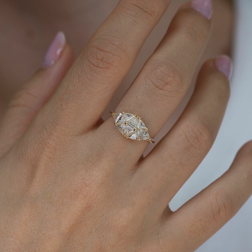 Reflective Dome Ring With Ten Triangle Diamonds