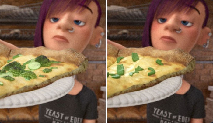 En Inside Out, los ingredientes de la pizza se cambiaron de brócolis a pimientos en Japón, ya que a los niños de este país no les gustan los pimientos. Pixar adaptó la broma