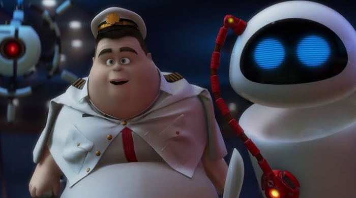 En Wall-E (2008) el capitán es físicamente incapaz de llevar el uniforme original del capitán, así que sólo lo lleva alrededor del cuello con el botón superior