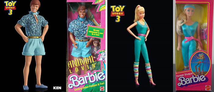 In Toy Story 3 (2010), Ken And Barbie’s Designs Are Based On Real Life Toys From The Barbie Toyline. Ken Is Based On The 1988 Animal Lovin' Ken Toy, While Barbie Is Based On The 1983 Great Shape Barbie Toy