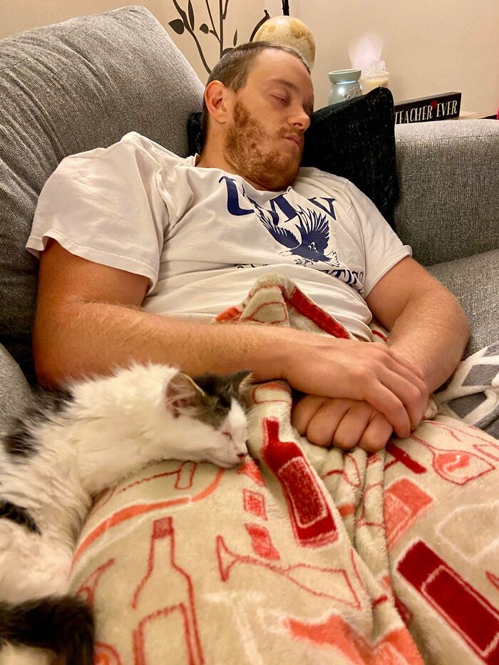 This Is The Same Man Who Continuously Told Me, “We Don’t Need Another Freaking Animal In This House” When I Insisted We Adopt A Male Kitten. Now, They Rarely Nap Apart!