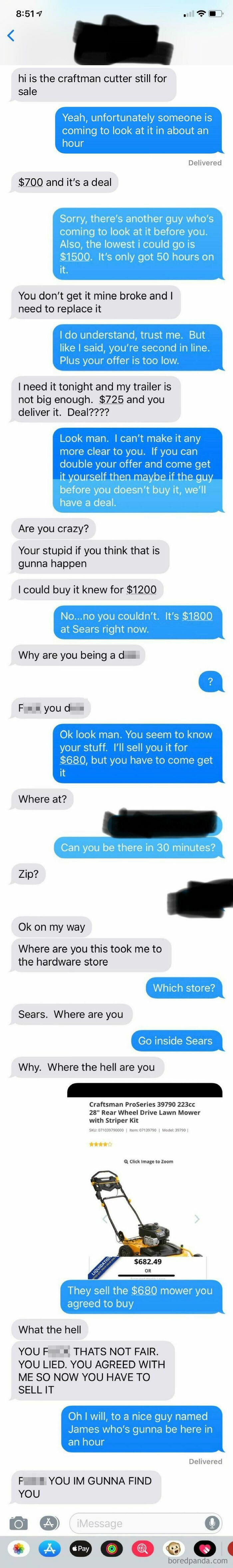 The Second Interaction I’ve Had With A Choosing Beggar On Craigslist. This Time For A Lawn-Mower I Was Selling
