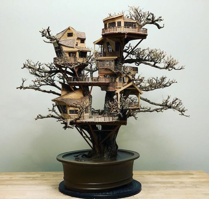 24 Photos Of Tiny Treehouses Handcrafted Within Bonsai Trees By The Late Dave Creek